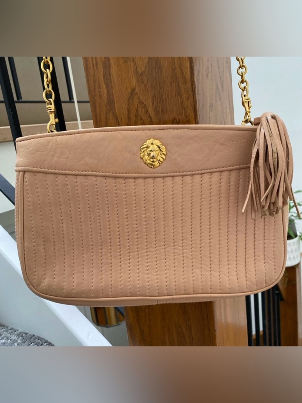 Leather Anne Klein Tan Crossbody Bag with Gold Lion Emblem and Gold Accents